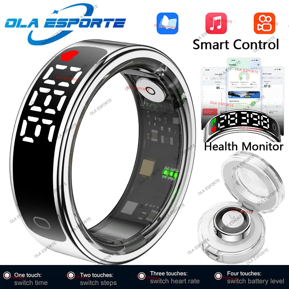 2025 Smart Ring Men Women LED Display Screen Heart Rate Blood Oxygen Monitor 5ATM Waterproof Multi Sports Mode Gifts For Andorid