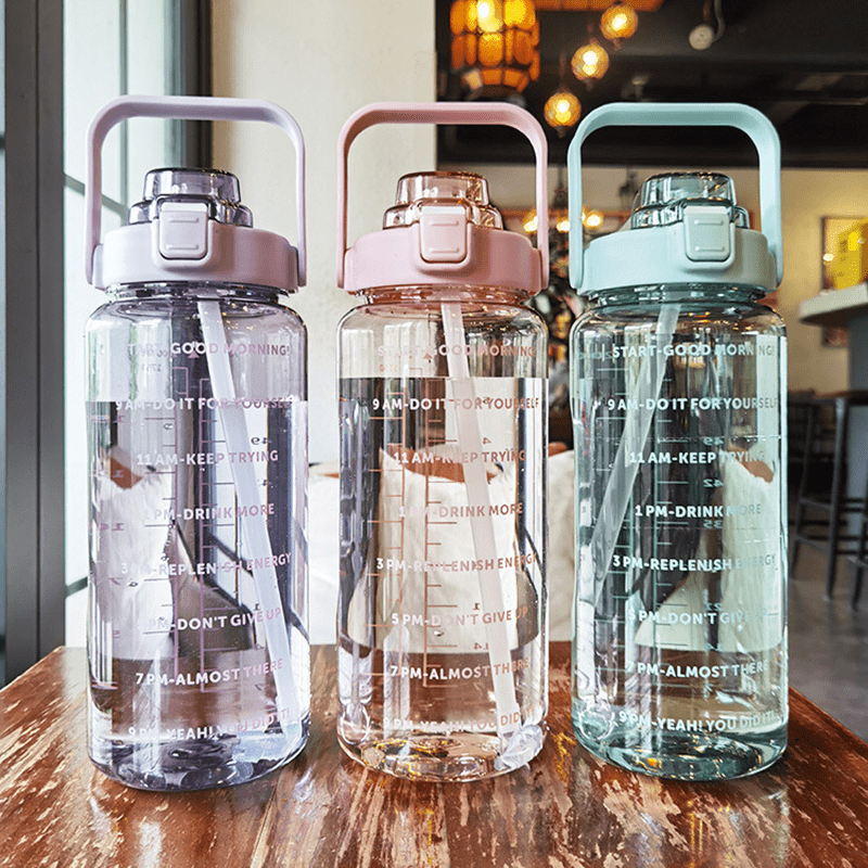 2 Liter Water Bottle With Straw Female Girls Large Portable Travel Bottles Sports Fitness Cup Summer Cold Water With Time Scale Suitable For Adults And The Elderly