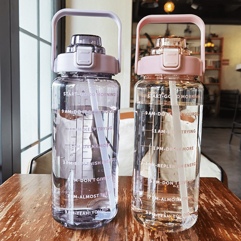 2 Liter Water Bottle With Straw Female Girls Large Portable Travel Bottles Sports Fitness Cup Summer Cold Water With Time Scale Suitable For Adults And The Elderly