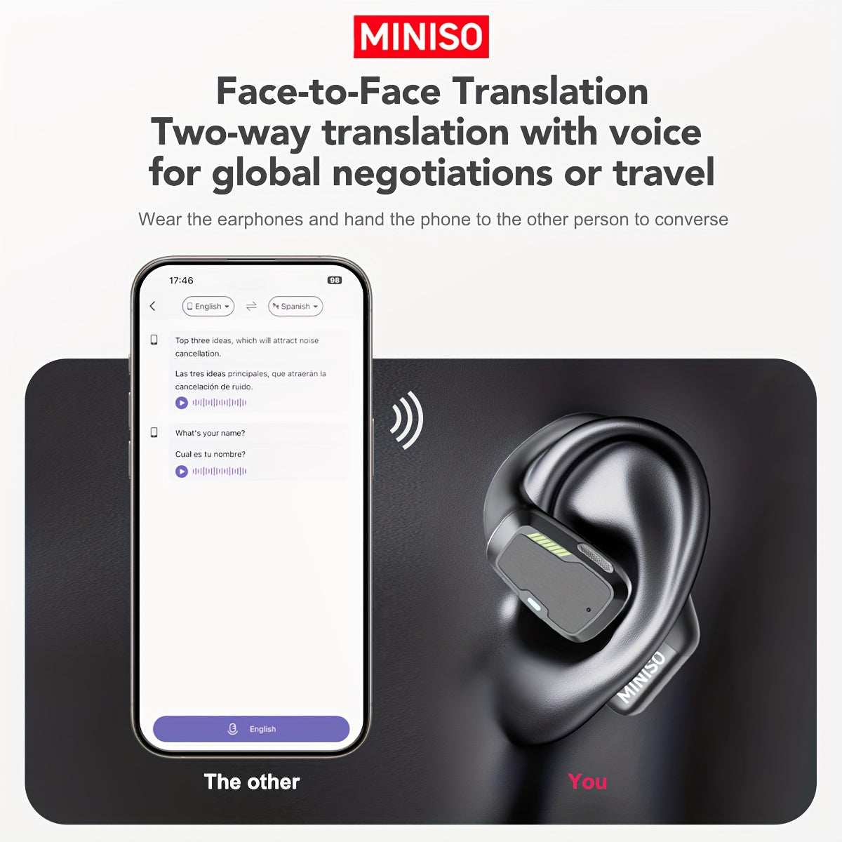 [135 Translator Earbuds] MINISO M98 AI Wireless Headphones Travel Chat Headset ASMR Headset AI Wireless Headphones with Mic Touch Control