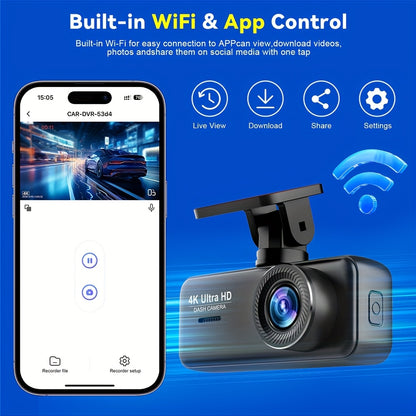 4K Front Dash Cam, Ultra HD 2160P Dash Camera for Cars, 5.0cmIPS Screen Mini Car Camera with APP Control, Built-in Wi-Fi & G-Sensor, 170° Wide Angle, 24H Parking Mode, Night Vision, WDR, Loop Recording, Support 256GB Card Ma