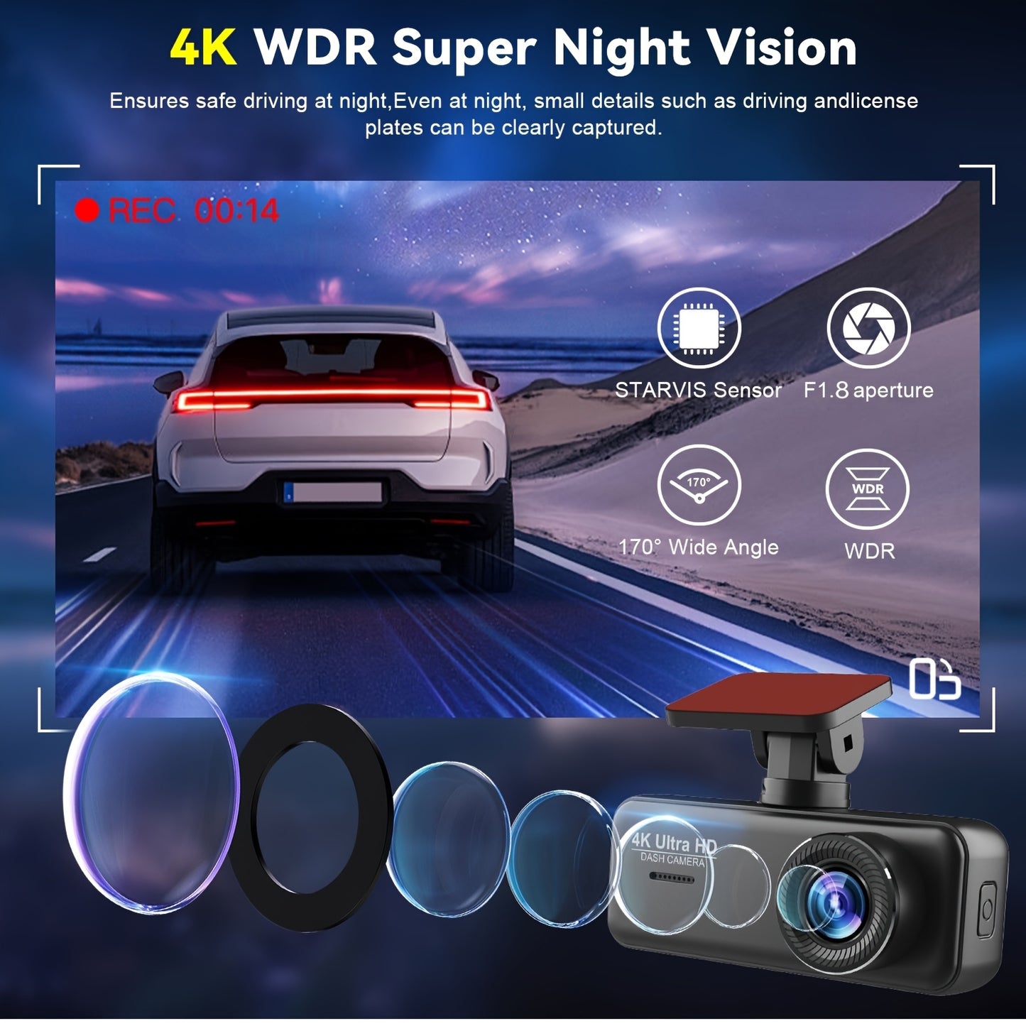 4K Front Dash Cam, Ultra HD 2160P Dash Camera for Cars, 5.0cmIPS Screen Mini Car Camera with APP Control, Built-in Wi-Fi & G-Sensor, 170° Wide Angle, 24H Parking Mode, Night Vision, WDR, Loop Recording, Support 256GB Card Ma
