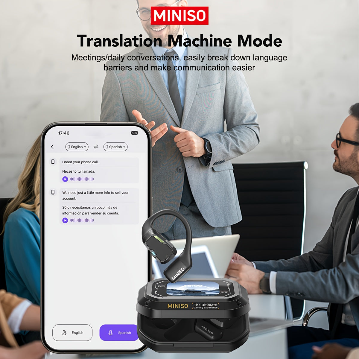 [135 Translator Earbuds] MINISO M98 AI Wireless Headphones Travel Chat Headset ASMR Headset AI Wireless Headphones with Mic Touch Control