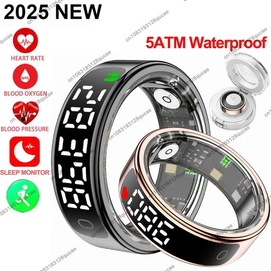2025 Smart Ring Men Women LED Display Screen Heart Rate Blood Oxygen Monitor 5ATM Waterproof Multi Sports Mode Gifts For Andorid