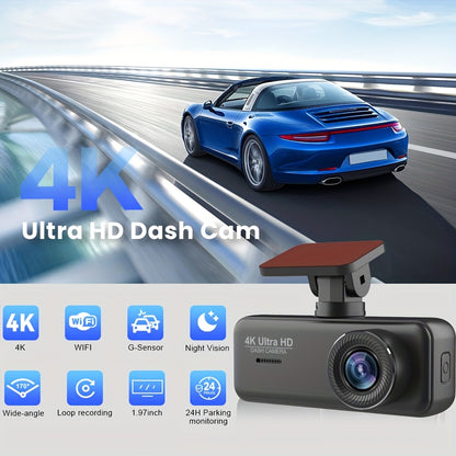 4K Front Dash Cam, Ultra HD 2160P Dash Camera for Cars, 5.0cmIPS Screen Mini Car Camera with APP Control, Built-in Wi-Fi & G-Sensor, 170° Wide Angle, 24H Parking Mode, Night Vision, WDR, Loop Recording, Support 256GB Card Ma