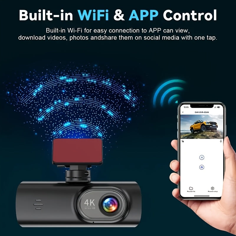 4K Ultra HD | Mini Car Camera | 170° Wide-Angle Lens | Built-in WiFi | G-Sensor | WDR Function | Night Vision Mode | 24-Hour Parking Surveillance | Loop Recording | Supports APP Control | HD Video Recording | Comes with 128G