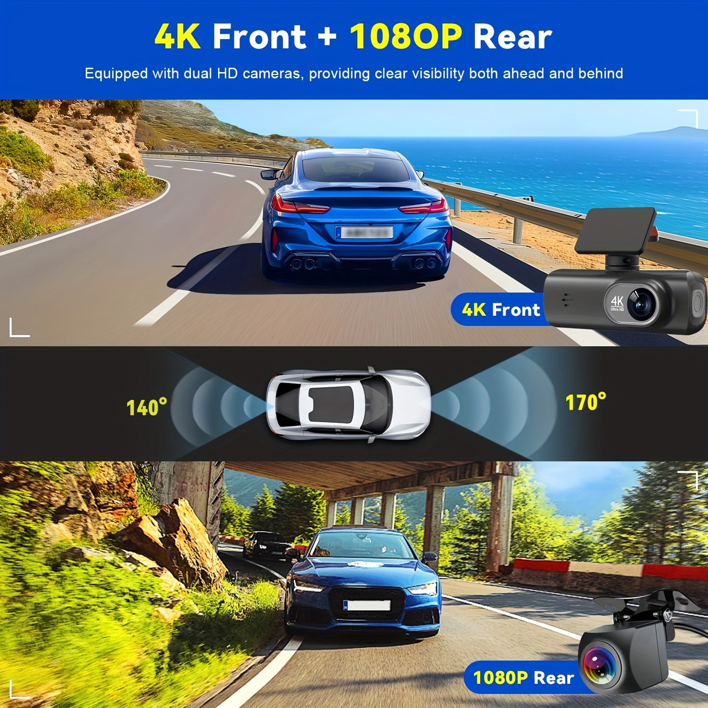 4K Ultra HD | Mini Car Camera | 170° Wide-Angle Lens | Built-in WiFi | G-Sensor | WDR Function | Night Vision Mode | 24-Hour Parking Surveillance | Loop Recording | Supports APP Control | HD Video Recording | Comes with 128G