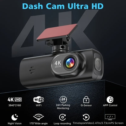 4K Ultra HD | Mini Car Camera | 170° Wide-Angle Lens | Built-in WiFi | G-Sensor | WDR Function | Night Vision Mode | 24-Hour Parking Surveillance | Loop Recording | Supports APP Control | HD Video Recording | Comes with 128G