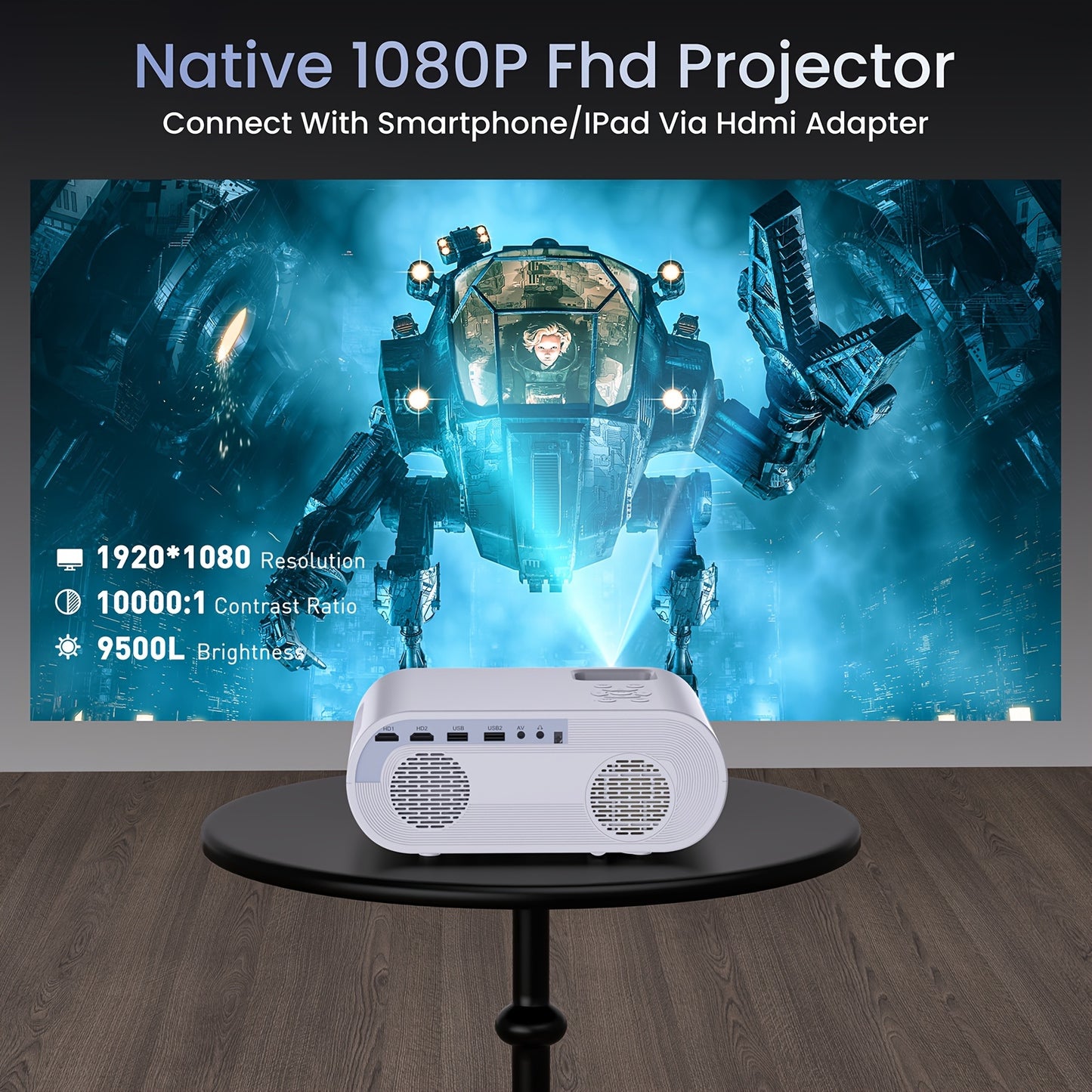 Projector, Native 1080P Full HD Projector With Speaker, Outdoor Portable Movie Mini Projector Compatible With Laptop, Smartphone, TV Stick, Xbox, PS5