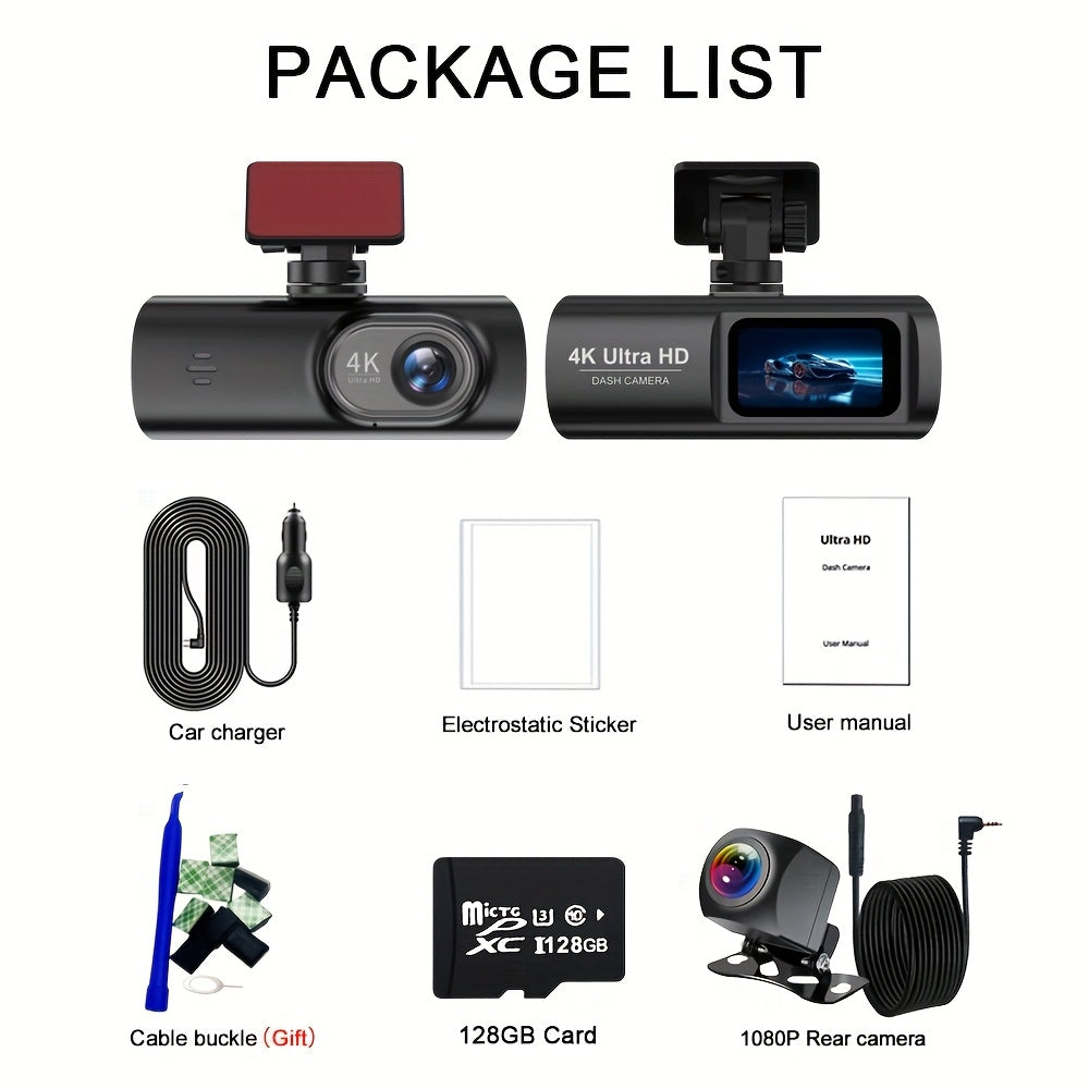 4K Ultra HD | Mini Car Camera | 170° Wide-Angle Lens | Built-in WiFi | G-Sensor | WDR Function | Night Vision Mode | 24-Hour Parking Surveillance | Loop Recording | Supports APP Control | HD Video Recording | Comes with 128G