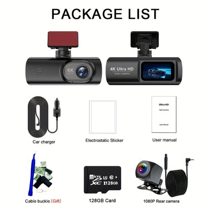 4K Ultra HD | Mini Car Camera | 170° Wide-Angle Lens | Built-in WiFi | G-Sensor | WDR Function | Night Vision Mode | 24-Hour Parking Surveillance | Loop Recording | Supports APP Control | HD Video Recording | Comes with 128G