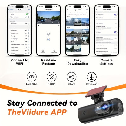 4K Ultra HD | Mini Car Camera | 170° Wide-Angle Lens | Built-in WiFi | G-Sensor | WDR Function | Night Vision Mode | 24-Hour Parking Surveillance | Loop Recording | Supports APP Control | HD Video Recording | Comes with 128G
