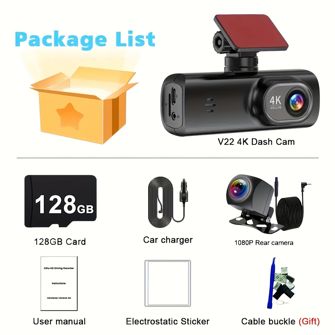 4K Ultra HD | Mini Car Camera | 170° Wide-Angle Lens | Built-in WiFi | G-Sensor | WDR Function | Night Vision Mode | 24-Hour Parking Surveillance | Loop Recording | Supports APP Control | HD Video Recording | Comes with 128G